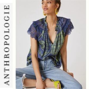 NWT Anthro Current Air Bandana Printed Top blue/neon yellow blouse XL